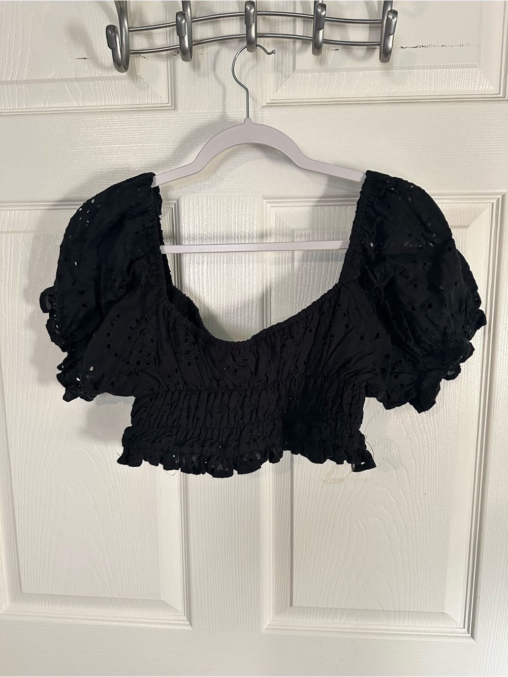Smocked Black Eyelet Puff Sleeve Crop Top - Women